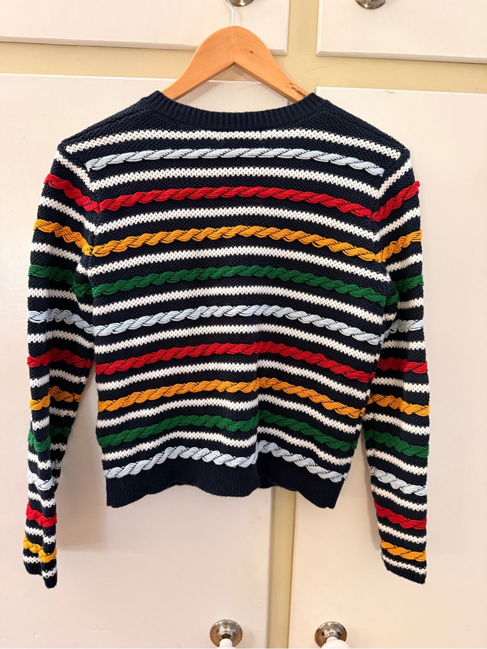 La Ligne Navy Striped Cable-Knit Cardigan with Red, Green & Yellow Accents - Picture 5 of 7